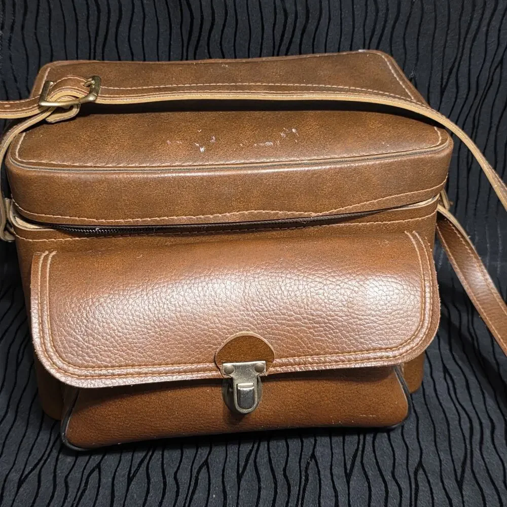 Vintage Brown Faux Leather Camera Bag Shoulder Case Travel Storage Carrying Case